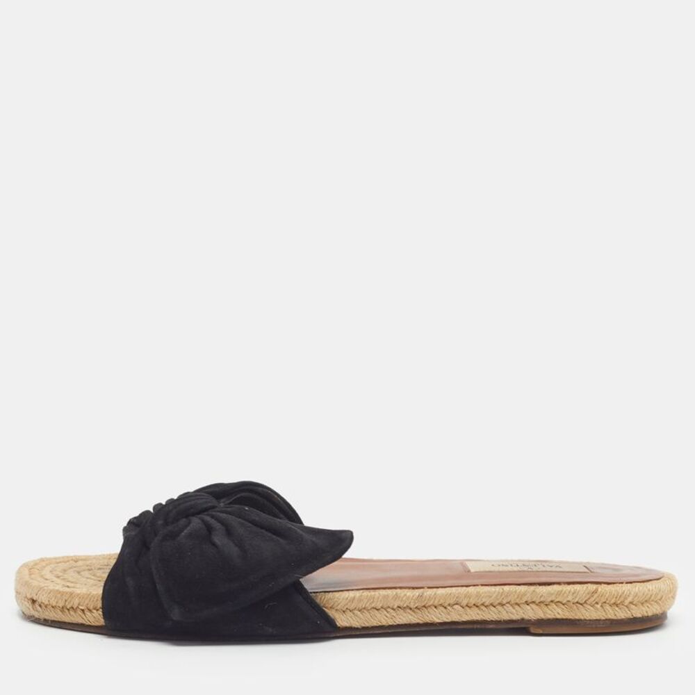 Valentino Bow Size 39.5 Black Suede Bow Espadrille Flat Slides